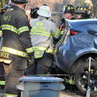 <p>The Tesla SUV ended up halfway into the basement of the River Road home just off Bergen Avenue in New Milford around 5:30 p.m. Sunday, March 19.</p>