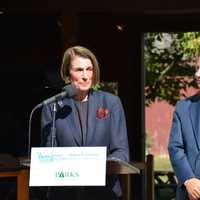 <p>Dee DelBello, wife of the late Westchester County Executive Al DelBello, speaks at the dedication ceremony at Muscoot Farm. The farm was officially renamed in her husband&#x27;s honor. Current Executive Executive Rob Astorino is pictured at right.</p>