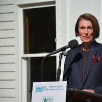 <p>Dee DelBello, wife of the late Westchester County Executive Al DelBello, speaks at the dedication ceremony at Muscoot Farm in Somers. The farm was renamed in her husband&#x27;s honor.</p>