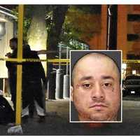 <p>Damian Padilla (inset). Police at the scene of the overnight stabbing in Paterson.</p>