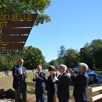 <p>New signage is unveiled for Muscoot Farm, which shows its new official name in honor of former Westchester County Executive Al DelBello.</p>