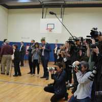 <p>A gaggle of reporters assembles in the gym at Chappaqua&#x27;s Douglas G. Grafflin Elementary School, which serves as Hillary Clinton&#x27;s polling place.</p>