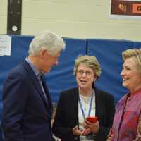 <p>Hillary and Bill Clinton chat with Chappaqua Schools Superintendent Lyn McKay. The Clintons came to Douglas G. Grafflin Elementary School on Tuesday to cast their votes for New York&#x27;s Democratic presidential primary.</p>