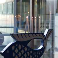 <p>The Maritime Aquarium&#x27;s menorah is shaped like a kosher fish. </p>