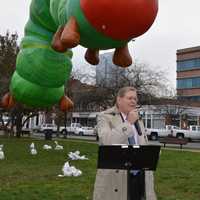 <p>The Very Hungry Caterpillar looms over Stamford Mayor David Martin during Monday&#x27;s preview to the 24th annual Stamford Downtown Parade Spectacular.</p>