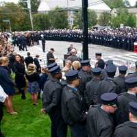 <p>Thousands of firemen, NYPD, public officials and civilian attendees lined the streets around the Church of the Annunciation to mourn FDNY Battalion Chief Michael Fahy, killed Tuesday in a Bronx building explosion.</p>