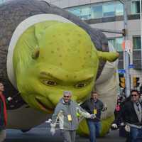 <p>Shrek dragged his knuckles on the ground, but managed to make it down the parade route Sunday.</p>