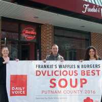 <p>From L: Marian Feliciotto, Daily Voice Director of Media Initiatives/Managing Editor Joe Lombardi and Carina Evangelista hold up DVLicious banner.</p>