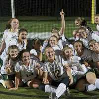 <p>The Hornets celebrate in the goal after beating Rye in the Class B title game.</p>