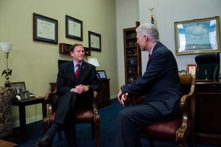 U.S. Sen. Richard Blumenthal meets with U.S. Supreme Court nominee Judge Neil Gorsuch. Blumenthal later said that Gorsuch had expressed disappointment with some of President Donald Trump&#x27;s recent comments about judges.