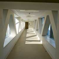 <p>The new walkway bridge between the hospital and a parking garage has a futuristic look.</p>