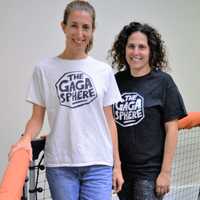 <p>Pamela Diamond, left, and Leslie Kossar Schraer inside a portable gaga pit at The Gagaphere in Waldwick.</p>