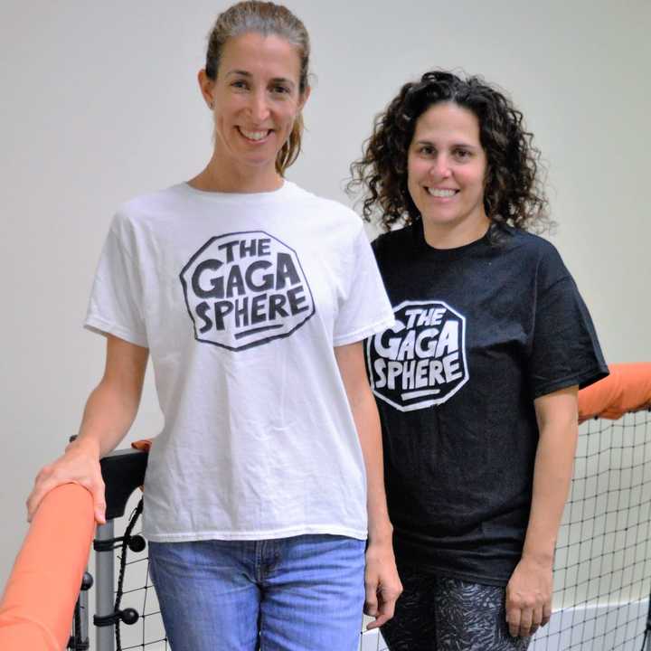 Pamela Diamond, left, and Leslie Kossar Schraer inside a portable gaga pit at The Gagaphere in Waldwick.