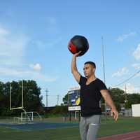 <p>Another round of walking lunges. Hold a weight above your head for added intensity, Saenz suggests.</p>