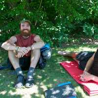 <p>Nicknamed Songbird (L) and Foot (R) for the duration of their Adirondack Trail journey, the hikers take a break for food, drink and rest at Mountaintop Market.</p>