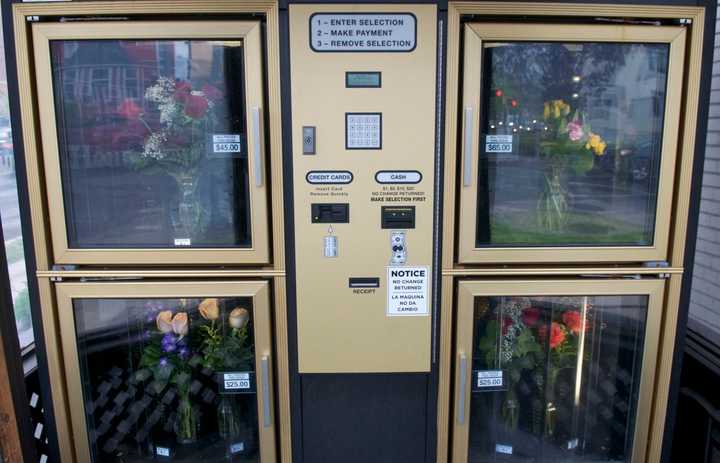 A 24-hour flower vending machine in Stamford. Soon, in the state Senate agrees, beer and wine may be sold in similar Connecticut vending machines.