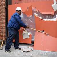 <p>Hackensack Councilman David Sims takes some swings at the Construction Kickoff Ceremony for the city&#x27;s new performing arts center on State Street.</p>