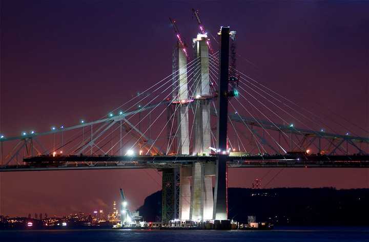 Crews work on the new Tappan Zee Bridge day and night in anticipation of a 2018 opening.