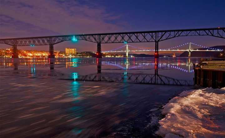 Poughkeepsie, Walkway over the Hudson and the Mid-Hudson Bridge, seen from across the river.