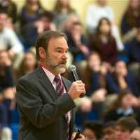 <p>Joel Feldman of End Distracted Driving talks to kids at Lourdes High School Tuesday morning.</p>