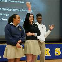 <p>Josh Feldman, founder of End Distracted Driving, does a distracted driving demonstration with students from Our Lady of Lourdes HS Tuesday morning.</p>