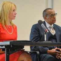 <p>The race and diversity panel at Bergen Community College, from the left: Dana Martinotti, the Rev. Gregory Jackson; Sheriff Michael Saudino; Acting Prosecutor Gurbir Grewal.</p>