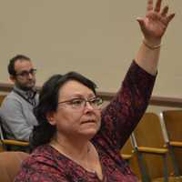 <p>Commuter Deborah Bouchard making a point about the Port Authority bus terminal.</p>