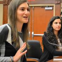 <p>Uber executives Lily Sassoon, left, and Ana Mahony present their subsidized rides plan to the Ridgewood Council.</p>