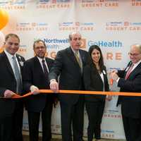 <p>Hospital and area officials, including Westchester Deputy County Executive Kevin Plunkett (second from L) and Phelps Hospital President Daniel Blum (second from R), cut the ribbon at the facility in Tarrytown.</p>