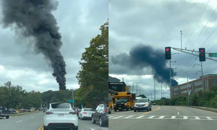 Smoke seen from the fire at the New Doherty High School in Worcester