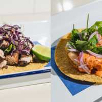 <p>The Crackling Pork Belly taco (left) and the Nashville Hot Cauliflower taco (right)</p>