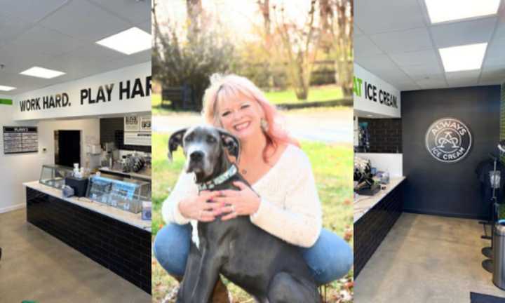 Egley with her current Great Dane pup named Cowboy (center) and the inside of Always Ice Cream in Edgewater, which Integrity completed.