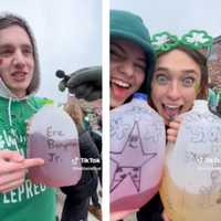 <p>Students at UMass Amherst pose with their different borgs during an early St. Patrick&#x27;s Day party on Saturday, March 4</p>