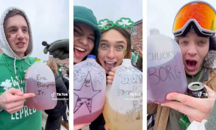 Students at UMass Amherst pose with their different borgs during an early St. Patrick&#x27;s Day party on Saturday, March 4