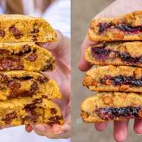 <p>Chip City offers a variety of gooey cookies like their vegan chocolate chip (left) and peanut butter and jelly (right)</p>