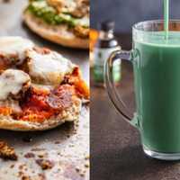 <p>The meal box features ingredients to make pita pizza planets (left) and a matcha green tea soda (right)</p>