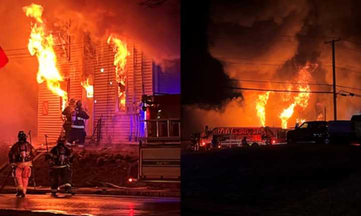 Crews battle a three-alarm fire in Oxford on Thursday night, Jan. 19