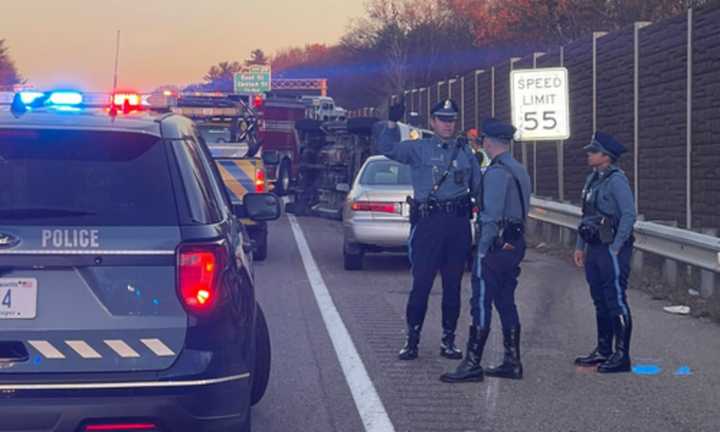 State Police responding to a two-car rollover crash on I-95 North in Westwood