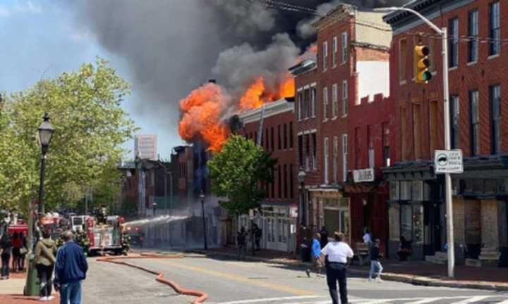 Flames shooting out of the building in the 1500 block of West Baltimore Street.