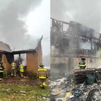 <p>The before (left) and after (right) of a fire that destroyed a home in Holland, MA</p>