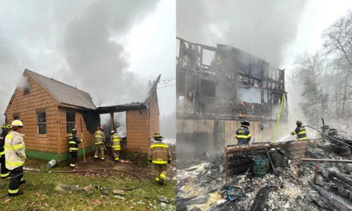 The before (left) and after (right) of a fire that destroyed a home in Holland, MA