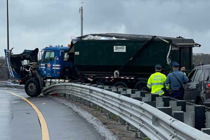 Half Of Route 1 Closed After Garbage Truck Smashes Into Guardrail In Revere