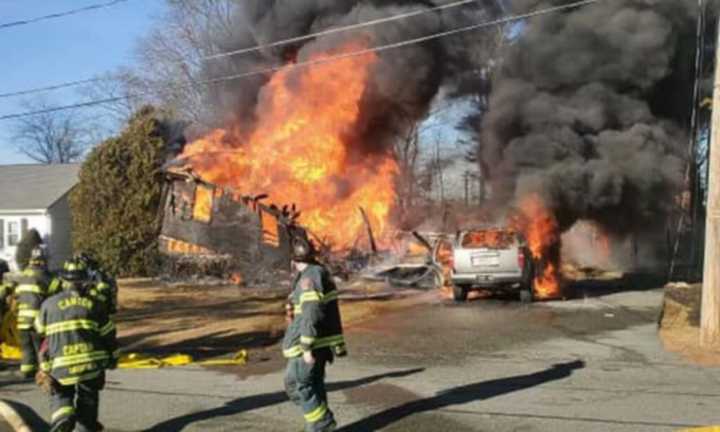 Crews battling a fire in the area of 2351 Central Street in Stoughton on Saturday, Feb. 18