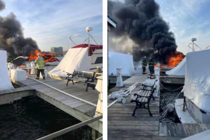 Column Of Fire Engulfs Boat At Somerville Yacht Club