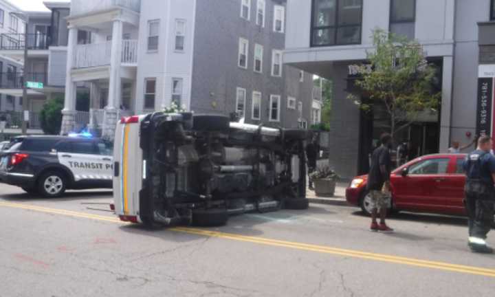 A car and a MBTA work truck collided in the 1900 block of Dorchester Avenue.