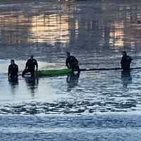 <p>The dolphin being dragged out to deeper waters in a kayak.</p>