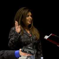 <p>Dr. Karen Gagliardi, left, being sworn in as permanent superintendent of the Lakeland Central School District.</p>