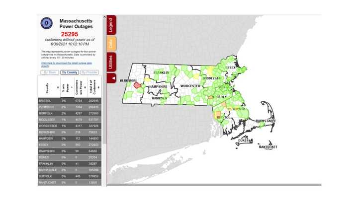 The outage map in Massachusetts on Wednesday, June 30.