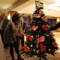 <p>Employees of the Bergen Volunteer Center in Hackensack look over their 501(c) Tree.</p>