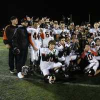 <p>Hasbrouck Heights Senior Aviators pose with the championship trophy after their win against Carlstadt-East Rutherford in the 2016 MFL Super Bowl.</p>